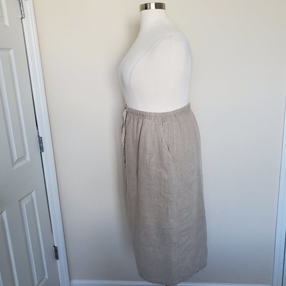 Silhouettes Plus Size 1X 100% Linen Skirt Pockets Elastic Waist Back Slit Beige - Picture 6 of 12